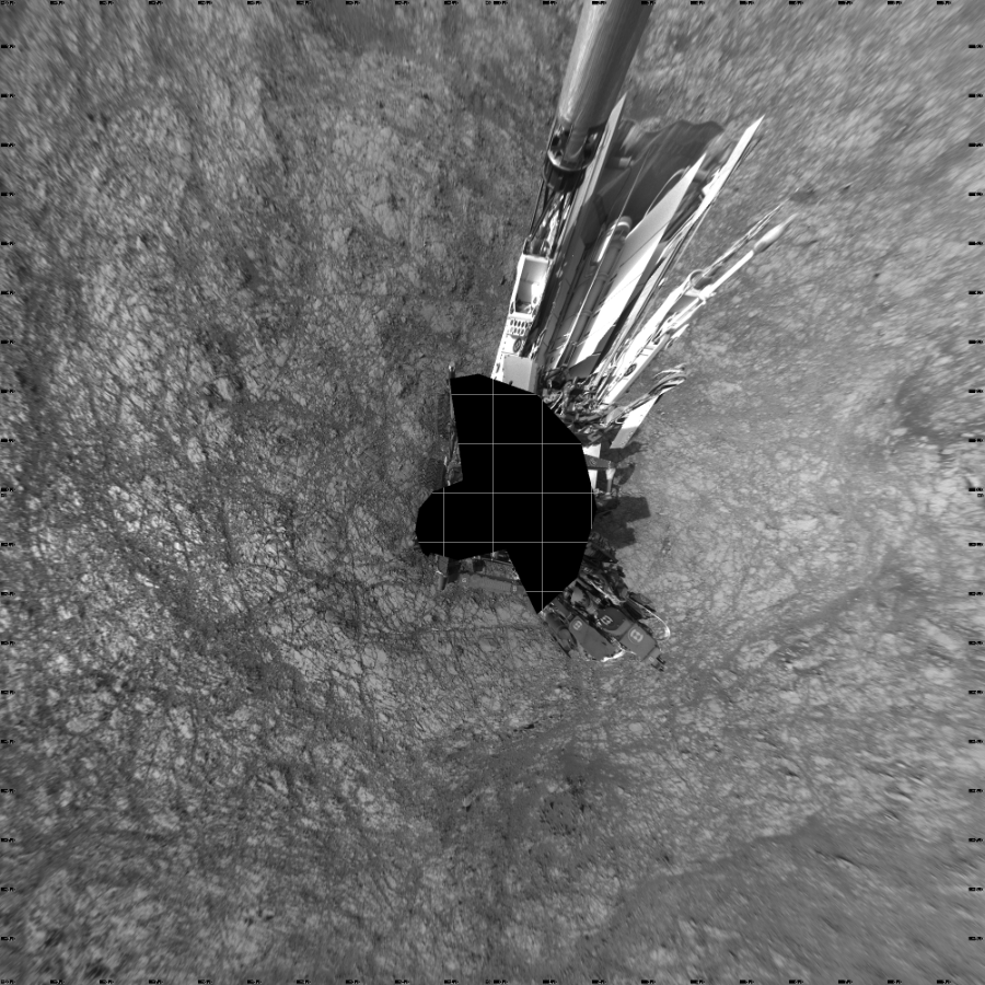 NASA's Mars rover Curiosity took 19 images in Gale Crater using its mast-mounted Left Navigation Camera (Navcam) to create this mosaic. The seam-corrected mosaic provides a vertical projection of the Martian surface near the rover, covering an area of 20 meters (north/south) by 20 meters (east/west). North is up in the image. This projection provides an overhead view, but introduces distortion for items not on the surface, such as large rocks and the rover itself.  Curiosity took the images on July 25, 2016, Sol 1410 of the Mars Science Laboratory mission at drive 462, site number 56. The local mean solar time for the image exposures was 3 PM. Each Navcam image has a 45-degree field of view. CREDIT: NASA/JPL-Caltech