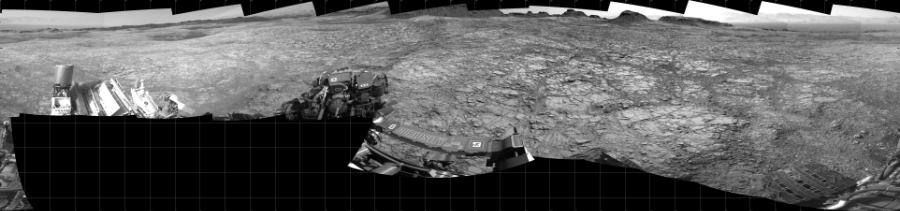 NASA's Mars rover Curiosity took 18 images in Gale Crater using its mast-mounted Left Navigation Camera (Navcam) to create this mosaic. The seam-corrected mosaic provides a 360-degree cylindrical projection panorama of the Martian surface centered at 180 degrees azimuth (measured clockwise from north). Curiosity took the images on July 27, 2016, Sol 1412 of the Mars Science Laboratory mission at drive 774, site number 56. The local mean solar time for the image exposures was from 2 PM to 3 PM. Each Navcam image has a 45 degree field of view. CREDIT: NASA/JPL-Caltech