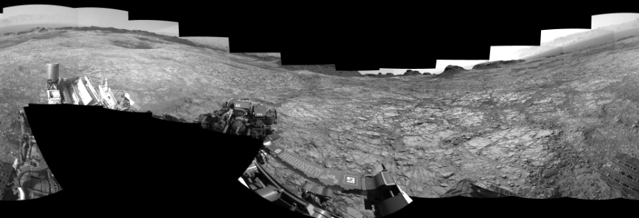 NASA's Mars rover Curiosity took 18 images in Gale Crater using its mast-mounted Left Navigation Camera (Navcam) to create this mosaic. The seam-corrected mosaic provides a 360-degree cylindrical-perspective projection panorama of the Martian surface suitable for stereo viewing, centered at 339 degrees azimuth (measured clockwise from north). This single-eye view must be combined with the partner right image to be viewed in stereo. Curiosity took the images on July 27, 2016, Sol 1412 of the Mars Science Laboratory mission at drive 774, site number 56. The local mean solar time for the image exposures was from 2 PM to 3 PM. Each Navcam image has a 45-degree field of view. CREDIT: NASA/JPL-Caltech