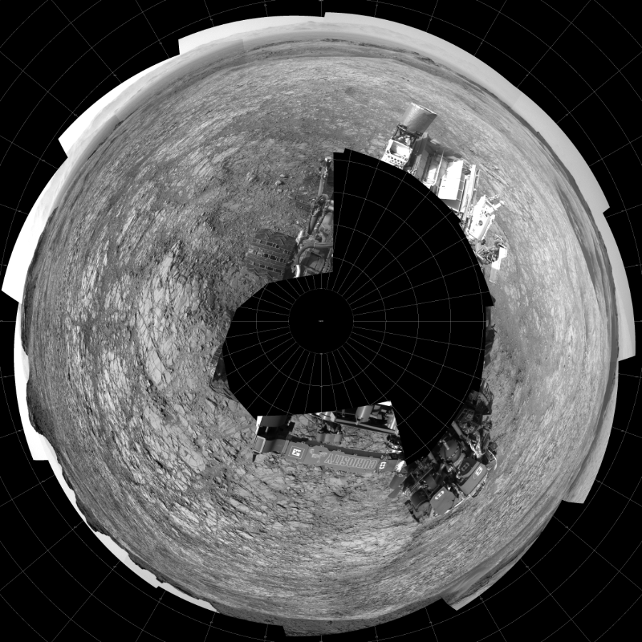 NASA's Mars rover Curiosity took 18 images in Gale Crater using its mast-mounted Left Navigation Camera (Navcam) to create this mosaic. The seam-corrected mosaic provides a polar stereographic projection panorama of the Martian surface with 0 degrees azimuth (measured clockwise from north) at the top of the image. Curiosity took the images on July 27, 2016, Sol 1412 of the Mars Science Laboratory mission at drive 774, site number 56. The local mean solar time for the image exposures was from 2 PM to 3 PM. Each Navcam image has a 45-degree field of view. CREDIT: NASA/JPL-Caltech