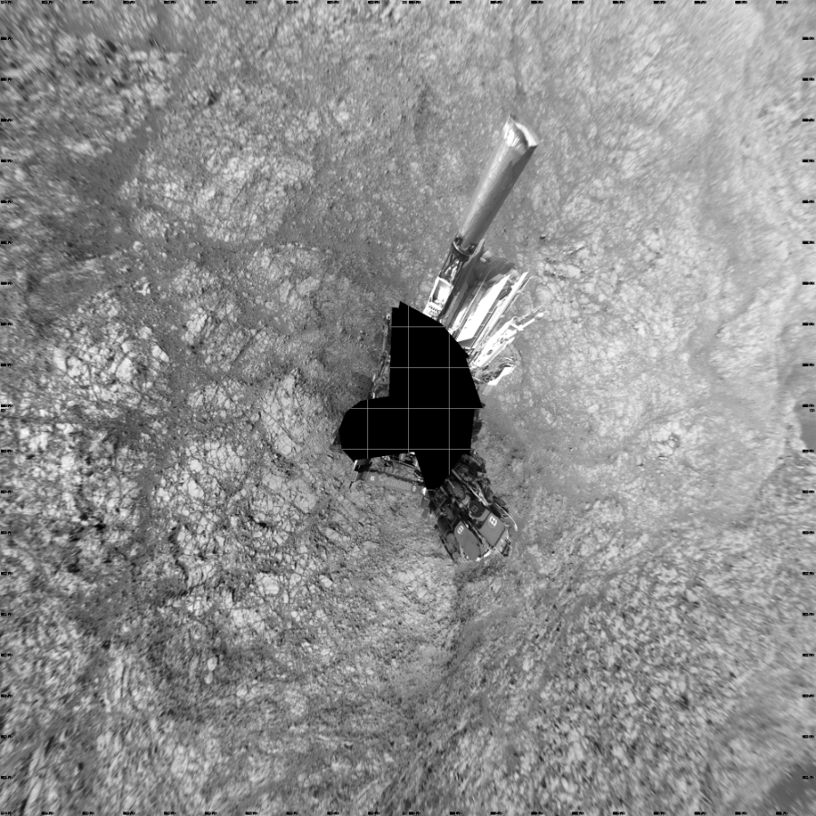 NASA's Mars rover Curiosity took 18 images in Gale Crater using its mast-mounted Left Navigation Camera (Navcam) to create this mosaic. The seam-corrected mosaic provides a vertical projection of the Martian surface near the rover, covering an area of 20 meters (north/south) by 20 meters (east/west). North is up in the image. This projection provides an overhead view, but introduces distortion for items not on the surface, such as large rocks and the rover itself.  Curiosity took the images on July 27, 2016, Sol 1412 of the Mars Science Laboratory mission at drive 774, site number 56. The local mean solar time for the image exposures was from 2 PM to 3 PM. Each Navcam image has a 45-degree field of view. CREDIT: NASA/JPL-Caltech