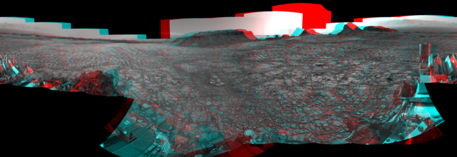 NASA's Mars rover Curiosity took 23 image pairs in Gale Crater using its mast-mounted Navigation Camera (Navcam) to create this mosaic. The seam-corrected mosaic provides a 360-degree cylindrical perspective projection panorama of the Martian surface suitable for stereo viewing, centered at 28 degrees azimuth (measured clockwise from north). This anaglyph must be viewed with red/blue glasses (red over left eye).  Curiosity took the images on July 29, 2016, Sol 1414 of the Mars Science Laboratory mission at drive 1122, site number 56. The local mean solar time for the image exposures was from 2 PM to 4 PM. Each Navcam image has a 45-degree field of view. CREDIT: NASA/JPL-Caltech