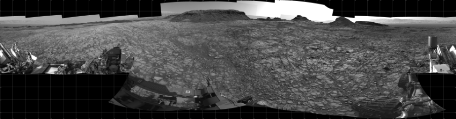 NASA's Mars rover Curiosity took 23 images in Gale Crater using its mast-mounted Left Navigation Camera (Navcam) to create this mosaic. The seam-corrected mosaic provides a 360-degree cylindrical projection panorama of the Martian surface centered at 180 degrees azimuth (measured clockwise from north). Curiosity took the images on July 29, 2016, Sol 1414 of the Mars Science Laboratory mission at drive 1122, site number 56. The local mean solar time for the image exposures was from 2 PM to 4 PM. Each Navcam image has a 45 degree field of view. CREDIT: NASA/JPL-Caltech