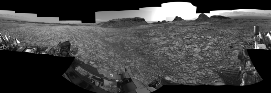 NASA's Mars rover Curiosity took 23 images in Gale Crater using its mast-mounted Left Navigation Camera (Navcam) to create this mosaic. The seam-corrected mosaic provides a 360-degree cylindrical-perspective projection panorama of the Martian surface suitable for stereo viewing, centered at 28 degrees azimuth (measured clockwise from north). This single-eye view must be combined with the partner right image to be viewed in stereo.  Curiosity took the images on July 29, 2016, Sol 1414 of the Mars Science Laboratory mission at drive 1122, site number 56. The local mean solar time for the image exposures was from 2 PM to 4 PM. Each Navcam image has a 45-degree field of view. CREDIT: NASA/JPL-Caltech