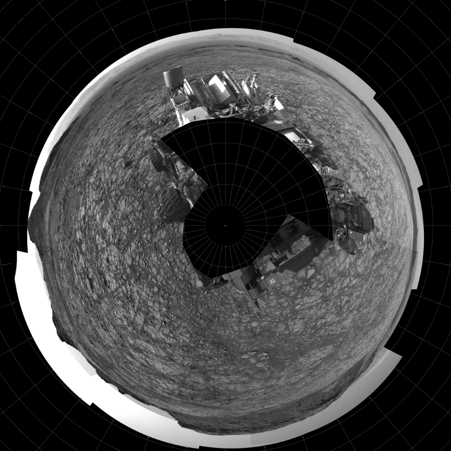 NASA's Mars rover Curiosity took 23 images in Gale Crater using its mast-mounted Left Navigation Camera (Navcam) to create this mosaic. The seam-corrected mosaic provides a polar stereographic projection panorama of the Martian surface with 0 degrees azimuth (measured clockwise from north) at the top of the image. Curiosity took the images on July 29, 2016, Sol 1414 of the Mars Science Laboratory mission at drive 1122, site number 56. The local mean solar time for the image exposures was from 2 PM to 4 PM. Each Navcam image has a 45-degree field of view. CREDIT: NASA/JPL-Caltech