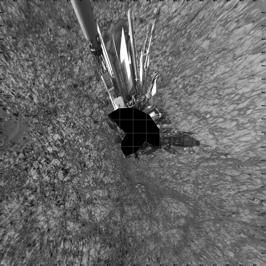 NASA's Mars rover Curiosity took 23 images in Gale Crater using its mast-mounted Left Navigation Camera (Navcam) to create this mosaic. The seam-corrected mosaic provides a vertical projection of the Martian surface near the rover, covering an area of 20 meters (north/south) by 20 meters (east/west). North is up in the image. This projection provides an overhead view, but introduces distortion for items not on the surface, such as large rocks and the rover itself.  Curiosity took the images on July 29, 2016, Sol 1414 of the Mars Science Laboratory mission at drive 1122, site number 56. The local mean solar time for the image exposures was from 2 PM to 4 PM. Each Navcam image has a 45-degree field of view. CREDIT: NASA/JPL-Caltech