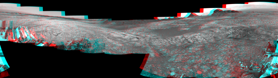 NASA's Mars rover Curiosity took 17 image pairs in Gale Crater using its mast-mounted Navigation Camera (Navcam) to create this mosaic. The seam-corrected mosaic provides a 360-degree cylindrical perspective projection panorama of the Martian surface suitable for stereo viewing, centered at 356 degrees azimuth (measured clockwise from north). This anaglyph must be viewed with red/blue glasses (red over left eye).  Curiosity took the images on August 11, 2016, Sol 1427 of the Mars Science Laboratory mission at drive 1326, site number 56. The local mean solar time for the image exposures was 1 PM. Each Navcam image has a 45-degree field of view. CREDIT: NASA/JPL-Caltech