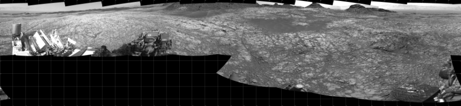NASA's Mars rover Curiosity took 17 images in Gale Crater using its mast-mounted Left Navigation Camera (Navcam) to create this mosaic. The seam-corrected mosaic provides a 360-degree cylindrical projection panorama of the Martian surface centered at 180 degrees azimuth (measured clockwise from north). Curiosity took the images on August 11, 2016, Sol 1427 of the Mars Science Laboratory mission at drive 1326, site number 56. The local mean solar time for the image exposures was 1 PM. Each Navcam image has a 45 degree field of view. CREDIT: NASA/JPL-Caltech