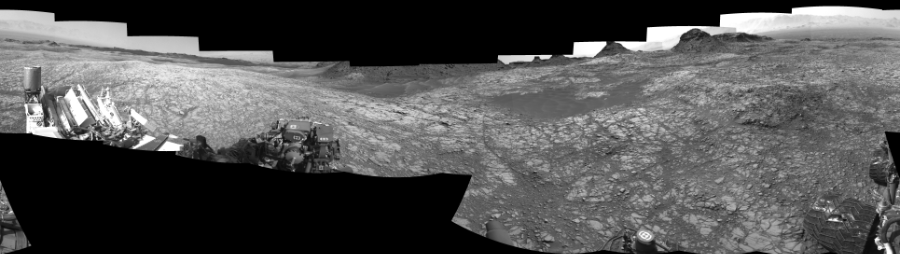 NASA's Mars rover Curiosity took 17 images in Gale Crater using its mast-mounted Left Navigation Camera (Navcam) to create this mosaic. The seam-corrected mosaic provides a 360-degree cylindrical-perspective projection panorama of the Martian surface suitable for stereo viewing, centered at 356 degrees azimuth (measured clockwise from north). This single-eye view must be combined with the partner right image to be viewed in stereo.  Curiosity took the images on August 11, 2016, Sol 1427 of the Mars Science Laboratory mission at drive 1326, site number 56. The local mean solar time for the image exposures was 1 PM. Each Navcam image has a 45-degree field of view. CREDIT: NASA/JPL-Caltech