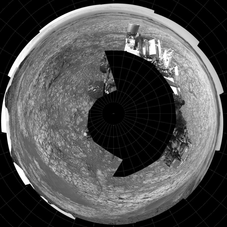 NASA's Mars rover Curiosity took 17 images in Gale Crater using its mast-mounted Left Navigation Camera (Navcam) to create this mosaic. The seam-corrected mosaic provides a polar stereographic projection panorama of the Martian surface with 0 degrees azimuth (measured clockwise from north) at the top of the image. Curiosity took the images on August 11, 2016, Sol 1427 of the Mars Science Laboratory mission at drive 1326, site number 56. The local mean solar time for the image exposures was 1 PM. Each Navcam image has a 45-degree field of view. CREDIT: NASA/JPL-Caltech