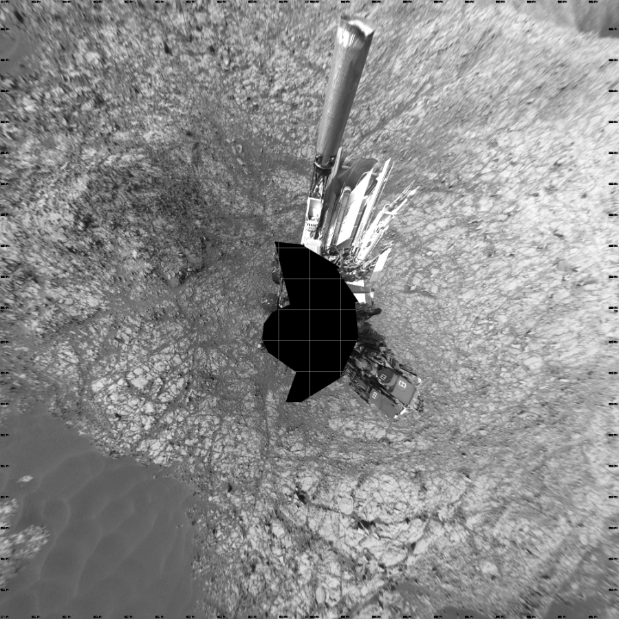 NASA's Mars rover Curiosity took 17 images in Gale Crater using its mast-mounted Left Navigation Camera (Navcam) to create this mosaic. The seam-corrected mosaic provides a vertical projection of the Martian surface near the rover, covering an area of 20 meters (north/south) by 20 meters (east/west). North is up in the image. This projection provides an overhead view, but introduces distortion for items not on the surface, such as large rocks and the rover itself. Curiosity took the images on August 11, 2016, Sol 1427 of the Mars Science Laboratory mission at drive 1326, site number 56. The local mean solar time for the image exposures was 1 PM. Each Navcam image has a 45-degree field of view. CREDIT: NASA/JPL-Caltech