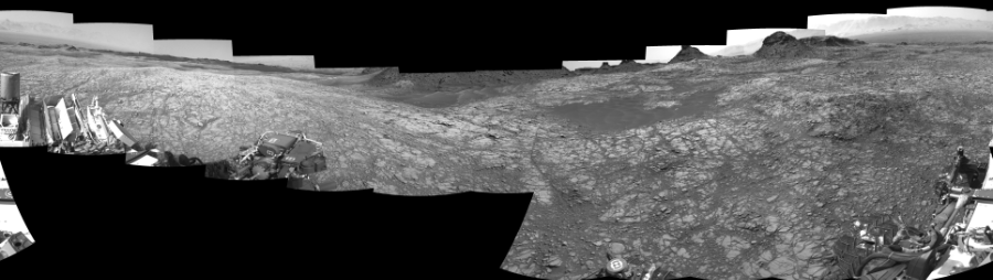 NASA's Mars rover Curiosity took 17 images in Gale Crater using its mast-mounted Right Navigation Camera (Navcam) to create this mosaic. The seam-corrected mosaic provides a 360-degree cylindrical-perspective projection panorama of the Martian surface suitable for stereo viewing, centered at 351 degrees azimuth (measured clockwise from north). This single-eye view must be combined with the partner left image to be viewed in stereo. Curiosity took the images on August 11, 2016, Sol 1427 of the Mars Science Laboratory mission at drive 1326, site number 56. The local mean solar time for the image exposures was 1 PM. Each Navcam image has a 45-degree field of view. CREDIT: NASA/JPL-Caltech