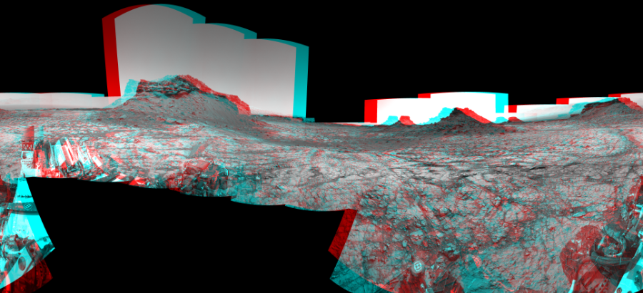 NASA's Mars rover Curiosity took 22 image pairs in Gale Crater using its mast-mounted Navigation Camera (Navcam) to create this mosaic. The seam-corrected mosaic provides a 360-degree cylindrical perspective projection panorama of the Martian surface suitable for stereo viewing, centered at 347 degrees azimuth (measured clockwise from north). This anaglyph must be viewed with red/blue glasses (red over left eye).  Curiosity took the images on August 16, 2016, Sol 1431 of the Mars Science Laboratory mission at drive 2034, site number 56. The local mean solar time for the image exposures was 2 PM. Each Navcam image has a 45-degree field of view. CREDIT: NASA/JPL-Caltech