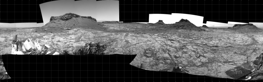 NASA's Mars rover Curiosity took 22 images in Gale Crater using its mast-mounted Left Navigation Camera (Navcam) to create this mosaic. The seam-corrected mosaic provides a 360-degree cylindrical projection panorama of the Martian surface centered at 180 degrees azimuth (measured clockwise from north). Curiosity took the images on August 16, 2016, Sol 1431 of the Mars Science Laboratory mission at drive 2034, site number 56. The local mean solar time for the image exposures was 2 PM. Each Navcam image has a 45 degree field of view. CREDIT: NASA/JPL-Caltech
