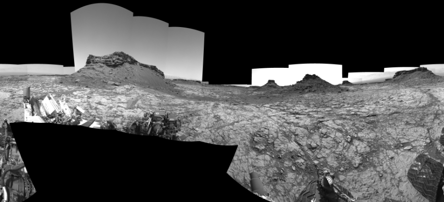 NASA's Mars rover Curiosity took 22 images in Gale Crater using its mast-mounted Left Navigation Camera (Navcam) to create this mosaic. The seam-corrected mosaic provides a 360-degree cylindrical-perspective projection panorama of the Martian surface suitable for stereo viewing, centered at 347 degrees azimuth (measured clockwise from north). This single-eye view must be combined with the partner right image to be viewed in stereo.  Curiosity took the images on August 16, 2016, Sol 1431 of the Mars Science Laboratory mission at drive 2034, site number 56. The local mean solar time for the image exposures was 2 PM. Each Navcam image has a 45-degree field of view. CREDIT: NASA/JPL-Caltech