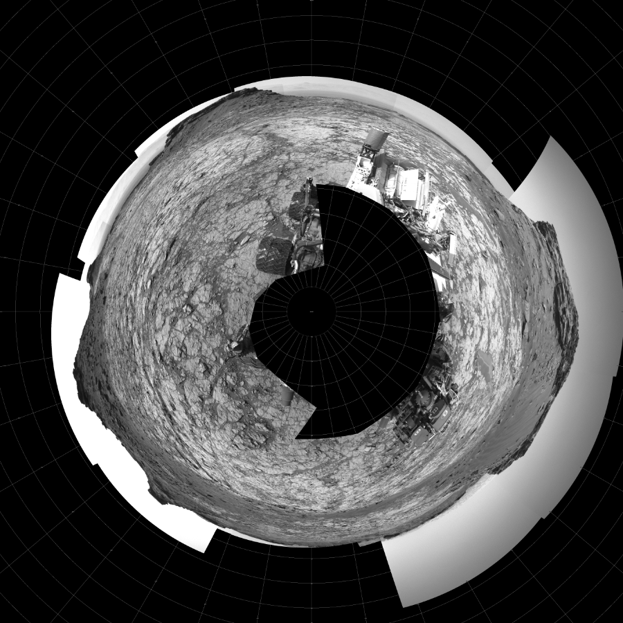 NASA's Mars rover Curiosity took 22 images in Gale Crater using its mast-mounted Left Navigation Camera (Navcam) to create this mosaic. The seam-corrected mosaic provides a polar stereographic projection panorama of the Martian surface with 0 degrees azimuth (measured clockwise from north) at the top of the image. Curiosity took the images on August 16, 2016, Sol 1431 of the Mars Science Laboratory mission at drive 2034, site number 56. The local mean solar time for the image exposures was 2 PM. Each Navcam image has a 45-degree field of view. CREDIT: NASA/JPL-Caltech