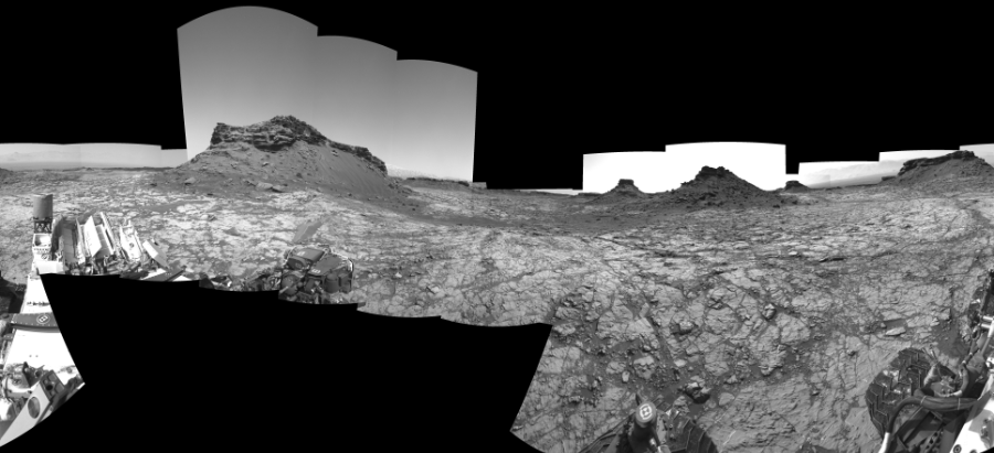 NASA's Mars rover Curiosity took 22 images in Gale Crater using its mast-mounted Right Navigation Camera (Navcam) to create this mosaic. The seam-corrected mosaic provides a 0-degree cylindrical-perspective projection panorama of the Martian surface suitable for stereo viewing, centered at 160 degrees azimuth (measured clockwise from north). This single-eye view must be combined with the partner left image to be viewed in stereo.  Curiosity took the images on August 16, 2016, Sol 1431 of the Mars Science Laboratory mission at drive 2034, site number 56. The local mean solar time for the image exposures was 2 PM. Each Navcam image has a 45-degree field of view. CREDIT: NASA/JPL-Caltech