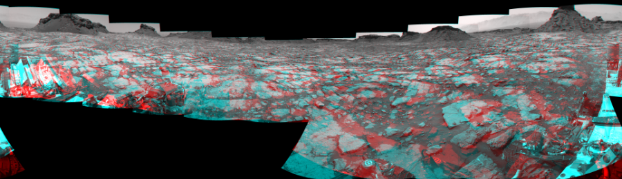 NASA's Mars rover Curiosity took 17 image pairs in Gale Crater using its mast-mounted Navigation Camera (Navcam) to create this mosaic. The seam-corrected mosaic provides a 360-degree cylindrical perspective projection panorama of the Martian surface suitable for stereo viewing, centered at 1 degrees azimuth (measured clockwise from north). This anaglyph must be viewed with red/blue glasses (red over left eye). Curiosity took the images on August 18, 2016, Sol 1433 of the Mars Science Laboratory mission at drive 0, site number 57. The local mean solar time for the image exposures was 1 PM. Each Navcam image has a 45-degree field of view. CREDIT: NASA/JPL-Caltech