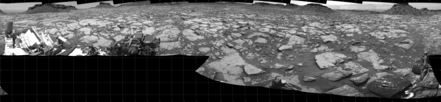 NASA's Mars rover Curiosity took 17 images in Gale Crater using its mast-mounted Left Navigation Camera (Navcam) to create this mosaic. The seam-corrected mosaic provides a 360-degree cylindrical projection panorama of the Martian surface centered at 180 degrees azimuth (measured clockwise from north). Curiosity took the images on August 18, 2016, Sol 1433 of the Mars Science Laboratory mission at drive 0, site number 57. The local mean solar time for the image exposures was 1 PM. Each Navcam image has a 45 degree field of view. CREDIT: NASA/JPL-Caltech