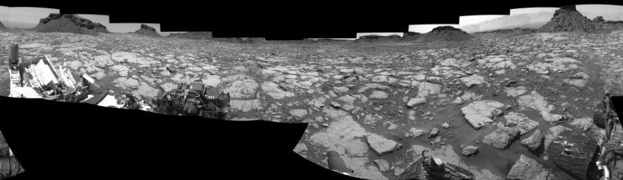 NASA's Mars rover Curiosity took 17 images in Gale Crater using its mast-mounted Left Navigation Camera (Navcam) to create this mosaic. The seam-corrected mosaic provides a 360-degree cylindrical-perspective projection panorama of the Martian surface suitable for stereo viewing, centered at 1 degrees azimuth (measured clockwise from north). This single-eye view must be combined with the partner right image to be viewed in stereo. Curiosity took the images on August 18, 2016, Sol 1433 of the Mars Science Laboratory mission at drive 0, site number 57. The local mean solar time for the image exposures was 1 PM. Each Navcam image has a 45-degree field of view. CREDIT: NASA/JPL-Caltech