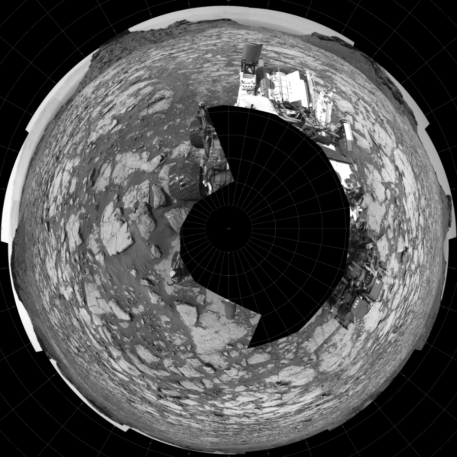 NASA's Mars rover Curiosity took 17 images in Gale Crater using its mast-mounted Left Navigation Camera (Navcam) to create this mosaic. The seam-corrected mosaic provides a polar stereographic projection panorama of the Martian surface with 0 degrees azimuth (measured clockwise from north) at the top of the image. Curiosity took the images on August 18, 2016, Sol 1433 of the Mars Science Laboratory mission at drive 0, site number 57. The local mean solar time for the image exposures was 1 PM. Each Navcam image has a 45-degree field of view. CREDIT: NASA/JPL-Caltech