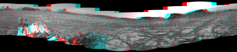 NASA's Mars rover Curiosity took 20 image pairs in Gale Crater using its mast-mounted Navigation Camera (Navcam) to create this mosaic. The seam-corrected mosaic provides a 360-degree cylindrical perspective projection panorama of the Martian surface suitable for stereo viewing, centered at 331 degrees azimuth (measured clockwise from north). This anaglyph must be viewed with red/blue glasses (red over left eye).  Curiosity took the images on August 20, 2016, Sol 1435 of the Mars Science Laboratory mission at drive 462, site number 57. The local mean solar time for the image exposures was 2 PM. Each Navcam image has a 45-degree field of view. CREDIT: NASA/JPL-Caltech