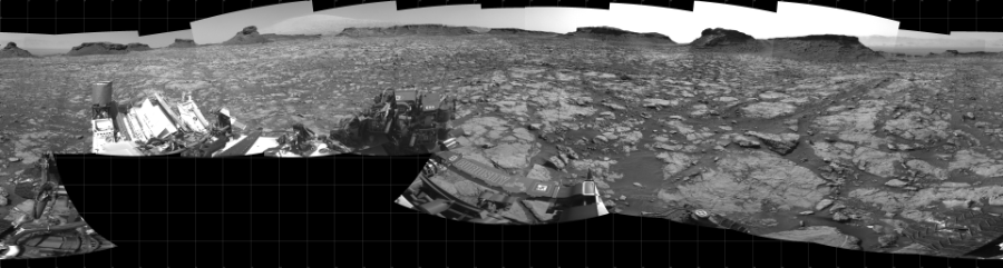 NASA's Mars rover Curiosity took 26 images in Gale Crater using its mast-mounted Left Navigation Camera (Navcam) to create this mosaic. The seam-corrected mosaic provides a 360-degree cylindrical projection panorama of the Martian surface centered at 180 degrees azimuth (measured clockwise from north). Curiosity took the images on August 20, 2016, Sol 1435 of the Mars Science Laboratory mission at drive 462, site number 57. The local mean solar time for the image exposures was 2 PM. Each Navcam image has a 45 degree field of view. CREDIT: NASA/JPL-Caltech
