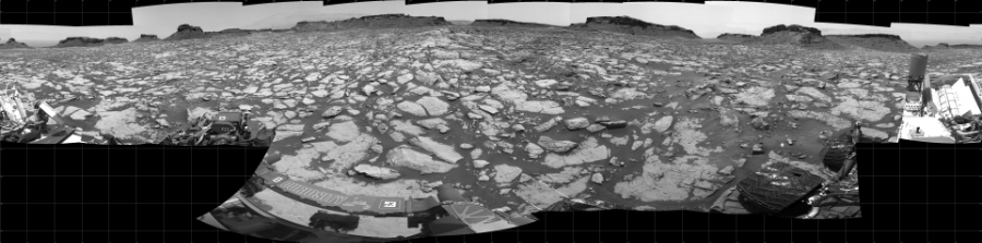 NASA's Mars rover Curiosity took 27 images in Gale Crater using its mast-mounted Left Navigation Camera (Navcam) to create this mosaic. The seam-corrected mosaic provides a 360-degree cylindrical projection panorama of the Martian surface centered at 180 degrees azimuth (measured clockwise from north). Curiosity took the images on August 23, 2016, Sol 1438 of the Mars Science Laboratory mission at drive 774, site number 57. The local mean solar time for the image exposures was 12 PM. Each Navcam image has a 45 degree field of view. CREDIT: NASA/JPL-Caltech