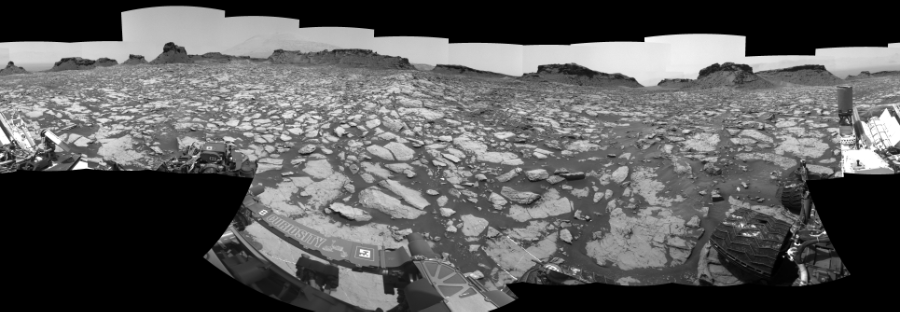 NASA's Mars rover Curiosity took 27 images in Gale Crater using its mast-mounted Left Navigation Camera (Navcam) to create this mosaic. The seam-corrected mosaic provides a 360-degree cylindrical-perspective projection panorama of the Martian surface suitable for stereo viewing, centered at 30 degrees azimuth (measured clockwise from north). This single-eye view must be combined with the partner right image to be viewed in stereo.  Curiosity took the images on August 23, 2016, Sol 1438 of the Mars Science Laboratory mission at drive 774, site number 57. The local mean solar time for the image exposures was 12 PM. Each Navcam image has a 45-degree field of view. CREDIT: NASA/JPL-Caltech
