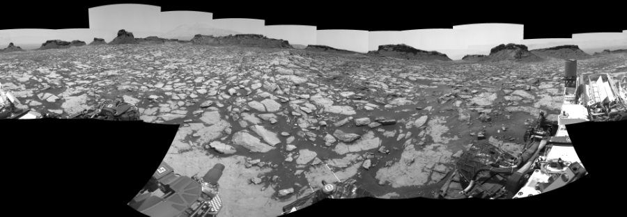 NASA's Mars rover Curiosity took 27 images in Gale Crater using its mast-mounted Right Navigation Camera (Navcam) to create this mosaic. The seam-corrected mosaic provides a 360-degree cylindrical-perspective projection panorama of the Martian surface suitable for stereo viewing, centered at 28 degrees azimuth (measured clockwise from north). This single-eye view must be combined with the partner left image to be viewed in stereo. Curiosity took the images on August 23, 2016, Sol 1438 of the Mars Science Laboratory mission at drive 774, site number 57. The local mean solar time for the image exposures was 12 PM. Each Navcam image has a 45-degree field of view. CREDIT: NASA/JPL-Caltech