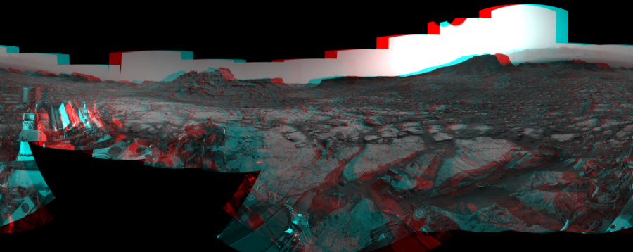 NASA's Mars rover Curiosity took 27 image pairs in Gale Crater using its mast-mounted Navigation Camera (Navcam) to create this mosaic. The seam-corrected mosaic provides a 360-degree cylindrical perspective projection panorama of the Martian surface suitable for stereo viewing, centered at 345 degrees azimuth (measured clockwise from north). This anaglyph must be viewed with red/blue glasses (red over left eye). Curiosity took the images on August 31, 2016, Sol 1446 of the Mars Science Laboratory mission at drive 1392, site number 57. The local mean solar time for the image exposures was 4 PM. Each Navcam image has a 45-degree field of view. CREDIT: NASA/JPL-Caltech
