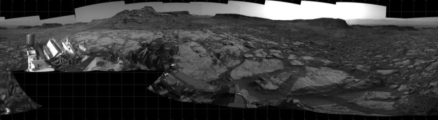 NASA's Mars rover Curiosity took 27 images in Gale Crater using its mast-mounted Left Navigation Camera (Navcam) to create this mosaic. The seam-corrected mosaic provides a 360-degree cylindrical projection panorama of the Martian surface centered at 180 degrees azimuth (measured clockwise from north). Curiosity took the images on August 31, 2016, Sol 1446 of the Mars Science Laboratory mission at drive 1392, site number 57. The local mean solar time for the image exposures was 4 PM. Each Navcam image has a 45 degree field of view. CREDIT: NASA/JPL-Caltech