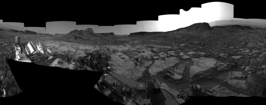 NASA's Mars rover Curiosity took 27 images in Gale Crater using its mast-mounted Left Navigation Camera (Navcam) to create this mosaic. The seam-corrected mosaic provides a 360-degree cylindrical-perspective projection panorama of the Martian surface suitable for stereo viewing, centered at 345 degrees azimuth (measured clockwise from north). This single-eye view must be combined with the partner right image to be viewed in stereo.  Curiosity took the images on August 31, 2016, Sol 1446 of the Mars Science Laboratory mission at drive 1392, site number 57. The local mean solar time for the image exposures was 4 PM. Each Navcam image has a 45-degree field of view. CREDIT: NASA/JPL-Caltech