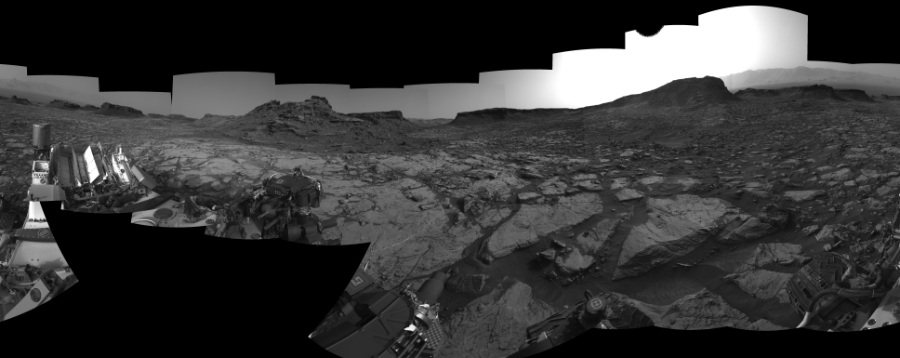 NASA's Mars rover Curiosity took 27 images in Gale Crater using its mast-mounted Right Navigation Camera (Navcam) to create this mosaic. The seam-corrected mosaic provides a 0-degree cylindrical-perspective projection panorama of the Martian surface suitable for stereo viewing, centered at 158 degrees azimuth (measured clockwise from north). This single-eye view must be combined with the partner left image to be viewed in stereo.  Curiosity took the images on August 31, 2016, Sol 1446 of the Mars Science Laboratory mission at drive 1392, site number 57. The local mean solar time for the image exposures was 4 PM. Each Navcam image has a 45-degree field of view. CREDIT: NASA/JPL-Caltech