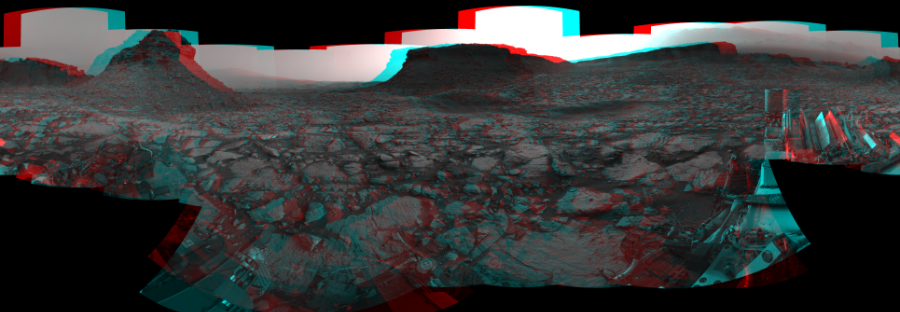 NASA's Mars rover Curiosity took 26 image pairs in Gale Crater using its mast-mounted Navigation Camera (Navcam) to create this mosaic. The seam-corrected mosaic provides a 360-degree cylindrical perspective projection panorama of the Martian surface suitable for stereo viewing, centered at 53 degrees azimuth (measured clockwise from north). This anaglyph must be viewed with red/blue glasses (red over left eye).  Curiosity took the images on September 02, 2016, Sol 1448 of the Mars Science Laboratory mission at drive 1942, site number 57. The local mean solar time for the image exposures was from 4 PM to 5 PM. Each Navcam image has a 45-degree field of view. CREDIT: NASA/JPL-Caltech