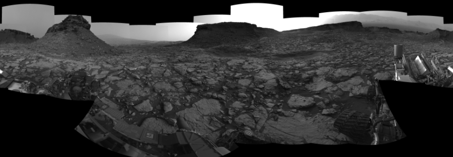 NASA's Mars rover Curiosity took 26 images in Gale Crater using its mast-mounted Left Navigation Camera (Navcam) to create this mosaic. The seam-corrected mosaic provides a 360-degree cylindrical-perspective projection panorama of the Martian surface suitable for stereo viewing, centered at 53 degrees azimuth (measured clockwise from north). This single-eye view must be combined with the partner right image to be viewed in stereo.  Curiosity took the images on September 02, 2016, Sol 1448 of the Mars Science Laboratory mission at drive 1942, site number 57. The local mean solar time for the image exposures was from 4 PM to 5 PM. Each Navcam image has a 45-degree field of view. CREDIT: NASA/JPL-Caltech