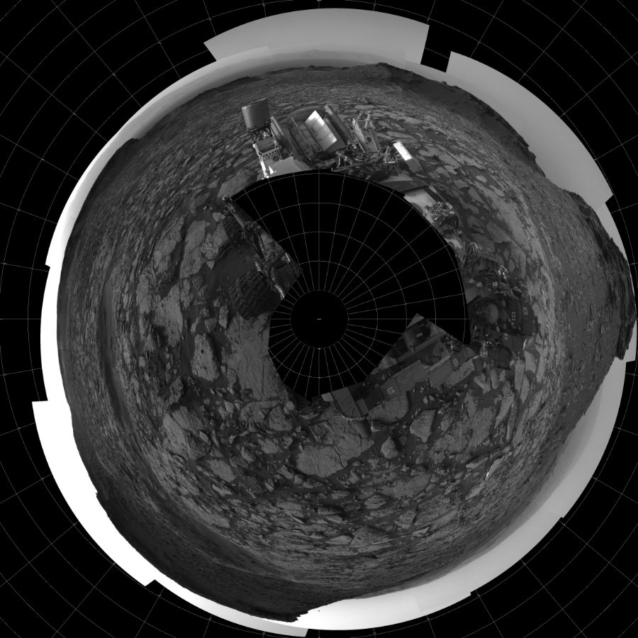 NASA's Mars rover Curiosity took 27 images in Gale Crater using its mast-mounted Left Navigation Camera (Navcam) to create this mosaic. The seam-corrected mosaic provides a polar stereographic projection panorama of the Martian surface with 0 degrees azimuth (measured clockwise from north) at the top of the image. Curiosity took the images on September 02, 2016, Sol 1448 of the Mars Science Laboratory mission at drive 1942, site number 57. The local mean solar time for the image exposures was from 4 PM to 5 PM. Each Navcam image has a 45-degree field of view. CREDIT: NASA/JPL-Caltech