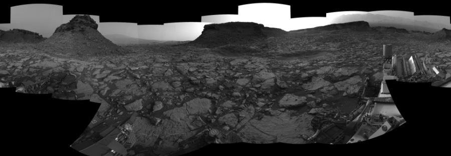 NASA's Mars rover Curiosity took 26 images in Gale Crater using its mast-mounted Right Navigation Camera (Navcam) to create this mosaic. The seam-corrected mosaic provides a 0-degree cylindrical-perspective projection panorama of the Martian surface suitable for stereo viewing, centered at 226 degrees azimuth (measured clockwise from north). This single-eye view must be combined with the partner left image to be viewed in stereo. Curiosity took the images on September 02, 2016, Sol 1448 of the Mars Science Laboratory mission at drive 1942, site number 57. The local mean solar time for the image exposures was from 4 PM to 5 PM. Each Navcam image has a 45-degree field of view. CREDIT: NASA/JPL-Caltech