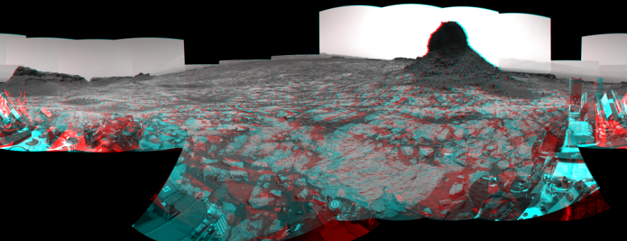 NASA's Mars rover Curiosity took 27 image pairs in Gale Crater using its mast-mounted Navigation Camera (Navcam) to create this mosaic. The seam-corrected mosaic provides a 360-degree cylindrical perspective projection panorama of the Martian surface suitable for stereo viewing, centered at 25 degrees azimuth (measured clockwise from north). This anaglyph must be viewed with red/blue glasses (red over left eye).  Curiosity took the images on September 06, 2016, Sol 1452 of the Mars Science Laboratory mission at drive 2296, site number 57. The local mean solar time for the image exposures was 2 PM. Each Navcam image has a 45-degree field of view. CREDIT: NASA/JPL-Caltech