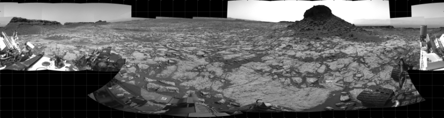 NASA's Mars rover Curiosity took 27 images in Gale Crater using its mast-mounted Left Navigation Camera (Navcam) to create this mosaic. The seam-corrected mosaic provides a 360-degree cylindrical projection panorama of the Martian surface centered at 180 degrees azimuth (measured clockwise from north). Curiosity took the images on September 06, 2016, Sol 1452 of the Mars Science Laboratory mission at drive 2296, site number 57. The local mean solar time for the image exposures was 2 PM. Each Navcam image has a 45 degree field of view. CREDIT: NASA/JPL-Caltech