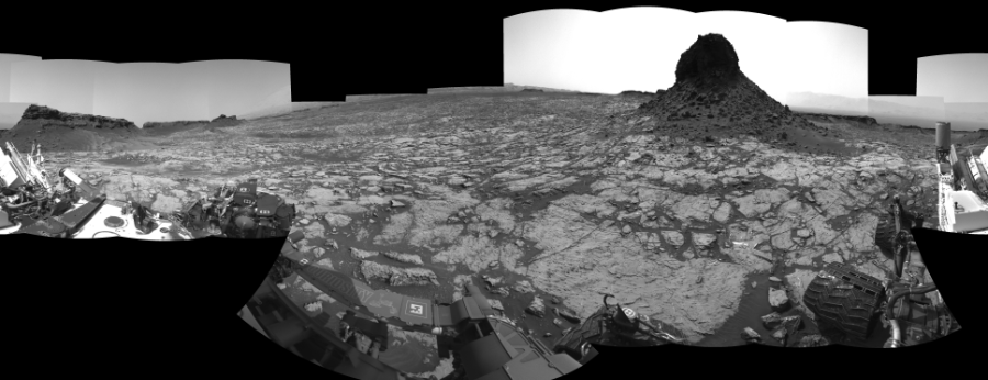 NASA's Mars rover Curiosity took 27 images in Gale Crater using its mast-mounted Left Navigation Camera (Navcam) to create this mosaic. The seam-corrected mosaic provides a 360-degree cylindrical-perspective projection panorama of the Martian surface suitable for stereo viewing, centered at 25 degrees azimuth (measured clockwise from north). This single-eye view must be combined with the partner right image to be viewed in stereo.  Curiosity took the images on September 06, 2016, Sol 1452 of the Mars Science Laboratory mission at drive 2296, site number 57. The local mean solar time for the image exposures was 2 PM. Each Navcam image has a 45-degree field of view. CREDIT: NASA/JPL-Caltech
