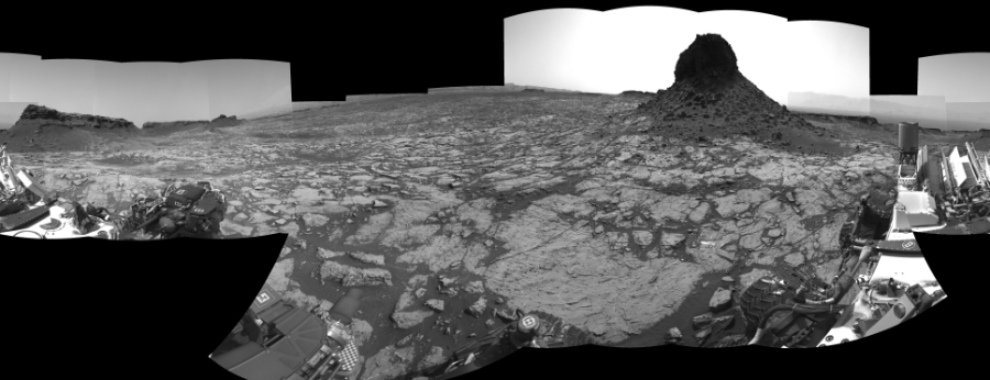 NASA's Mars rover Curiosity took 27 images in Gale Crater using its mast-mounted Right Navigation Camera (Navcam) to create this mosaic. The seam-corrected mosaic provides a 0-degree cylindrical-perspective projection panorama of the Martian surface suitable for stereo viewing, centered at 205 degrees azimuth (measured clockwise from north). This single-eye view must be combined with the partner left image to be viewed in stereo.  Curiosity took the images on September 06, 2016, Sol 1452 of the Mars Science Laboratory mission at drive 2296, site number 57. The local mean solar time for the image exposures was 2 PM. Each Navcam image has a 45-degree field of view. CREDIT: NASA/JPL-Caltech