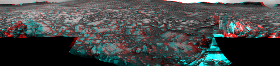 NASA's Mars rover Curiosity took 17 image pairs in Gale Crater using its mast-mounted Navigation Camera (Navcam) to create this mosaic. The seam-corrected mosaic provides a 360-degree cylindrical perspective projection panorama of the Martian surface suitable for stereo viewing, centered at 81 degrees azimuth (measured clockwise from north). This anaglyph must be viewed with red/blue glasses (red over left eye).  Curiosity took the images on September 23, 2016, Sol 1468 of the Mars Science Laboratory mission at drive 0, site number 58. The local mean solar time for the image exposures was from 2 PM to 3 PM. Each Navcam image has a 45-degree field of view. CREDIT: NASA/JPL-Caltech