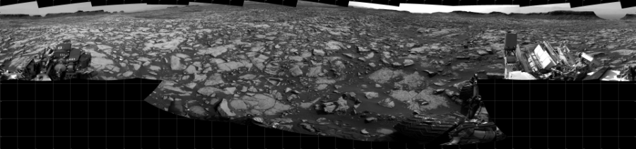 NASA's Mars rover Curiosity took 17 images in Gale Crater using its mast-mounted Left Navigation Camera (Navcam) to create this mosaic. The seam-corrected mosaic provides a 360-degree cylindrical projection panorama of the Martian surface centered at 180 degrees azimuth (measured clockwise from north). Curiosity took the images on September 23, 2016, Sol 1468 of the Mars Science Laboratory mission at drive 0, site number 58. The local mean solar time for the image exposures was from 2 PM to 3 PM. Each Navcam image has a 45 degree field of view. CREDIT: NASA/JPL-Caltech