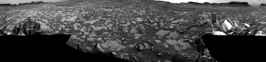 NASA's Mars rover Curiosity took 17 images in Gale Crater using its mast-mounted Left Navigation Camera (Navcam) to create this mosaic. The seam-corrected mosaic provides a 360-degree cylindrical-perspective projection panorama of the Martian surface suitable for stereo viewing, centered at 81 degrees azimuth (measured clockwise from north). This single-eye view must be combined with the partner right image to be viewed in stereo. Curiosity took the images on September 23, 2016, Sol 1468 of the Mars Science Laboratory mission at drive 0, site number 58. The local mean solar time for the image exposures was from 2 PM to 3 PM. Each Navcam image has a 45-degree field of view. CREDIT: NASA/JPL-Caltech