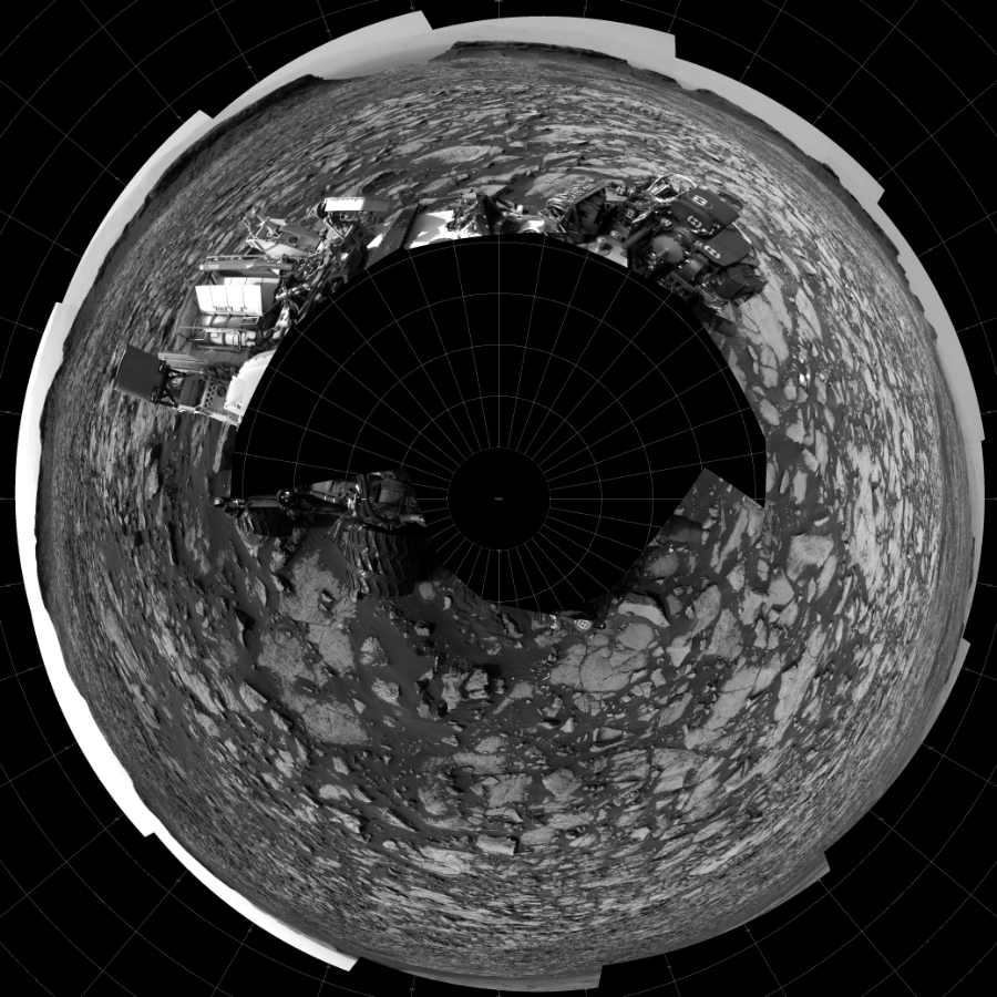 NASA's Mars rover Curiosity took 17 images in Gale Crater using its mast-mounted Left Navigation Camera (Navcam) to create this mosaic. The seam-corrected mosaic provides a polar stereographic projection panorama of the Martian surface with 0 degrees azimuth (measured clockwise from north) at the top of the image. Curiosity took the images on September 23, 2016, Sol 1468 of the Mars Science Laboratory mission at drive 0, site number 58. The local mean solar time for the image exposures was from 2 PM to 3 PM. Each Navcam image has a 45-degree field of view. CREDIT: NASA/JPL-Caltech