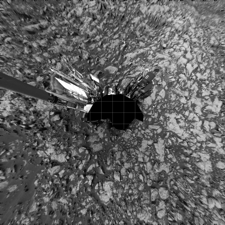 NASA's Mars rover Curiosity took 17 images in Gale Crater using its mast-mounted Left Navigation Camera (Navcam) to create this mosaic. The seam-corrected mosaic provides a vertical projection of the Martian surface near the rover, covering an area of 20 meters (north/south) by 20 meters (east/west). North is up in the image. This projection provides an overhead view, but introduces distortion for items not on the surface, such as large rocks and the rover itself.  Curiosity took the images on September 23, 2016, Sol 1468 of the Mars Science Laboratory mission at drive 0, site number 58. The local mean solar time for the image exposures was from 2 PM to 3 PM. Each Navcam image has a 45-degree field of view. CREDIT: NASA/JPL-Caltech
