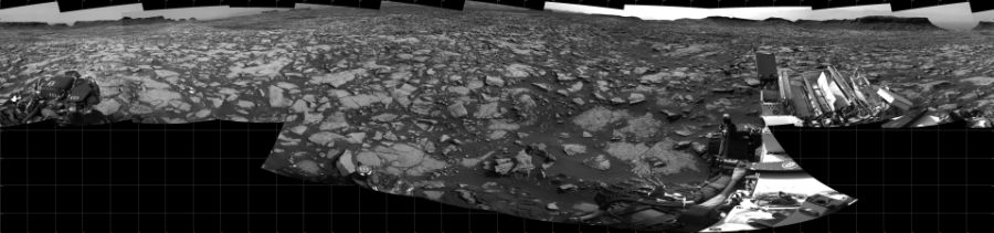 NASA's Mars rover Curiosity took 17 images in Gale Crater using its mast-mounted Right Navigation Camera (Navcam) to create this mosaic. The seam-corrected mosaic provides a 360-degree cylindrical projection panorama of the Martian surface centered at 180 degrees azimuth (measured clockwise from north). Curiosity took the images on September 23, 2016, Sol 1468 of the Mars Science Laboratory mission at drive 0, site number 58. The local mean solar time for the image exposures was from 2 PM to 3 PM. Each Navcam image has a 45 degree field of view. CREDIT: NASA/JPL-Caltech
