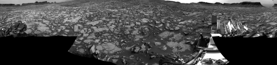 NASA's Mars rover Curiosity took 17 images in Gale Crater using its mast-mounted Right Navigation Camera (Navcam) to create this mosaic. The seam-corrected mosaic provides a 0-degree cylindrical-perspective projection panorama of the Martian surface suitable for stereo viewing, centered at 257 degrees azimuth (measured clockwise from north). This single-eye view must be combined with the partner left image to be viewed in stereo.  Curiosity took the images on September 23, 2016, Sol 1468 of the Mars Science Laboratory mission at drive 0, site number 58. The local mean solar time for the image exposures was from 2 PM to 3 PM. Each Navcam image has a 45-degree field of view. CREDIT: NASA/JPL-Caltech