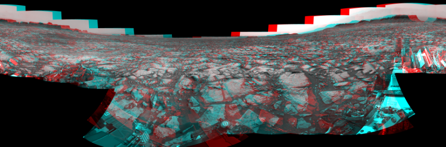 NASA's Mars rover Curiosity took 19 image pairs in Gale Crater using its mast-mounted Navigation Camera (Navcam) to create this mosaic. The seam-corrected mosaic provides a 360-degree cylindrical perspective projection panorama of the Martian surface suitable for stereo viewing, centered at 42 degrees azimuth (measured clockwise from north). This anaglyph must be viewed with red/blue glasses (red over left eye).  Curiosity took the images on September 24, 2016, Sol 1469 of the Mars Science Laboratory mission at drive 264, site number 58. The local mean solar time for the image exposures was 2 PM. Each Navcam image has a 45-degree field of view. CREDIT: NASA/JPL-Caltech